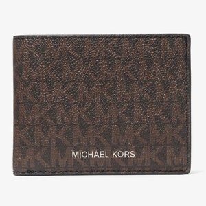 Michael Kors Jet Set Brown Leather Signature Logo Billfold Men’s Wallet Clip $95